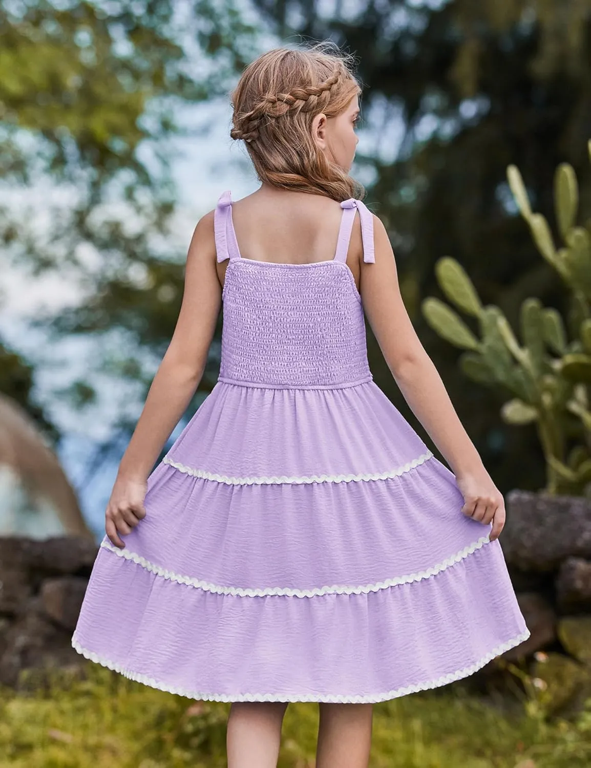 Arshiner Girl's Sundresses Summer Boho Tie Shoulder Cami Midi Tiered Dresses with Pockets