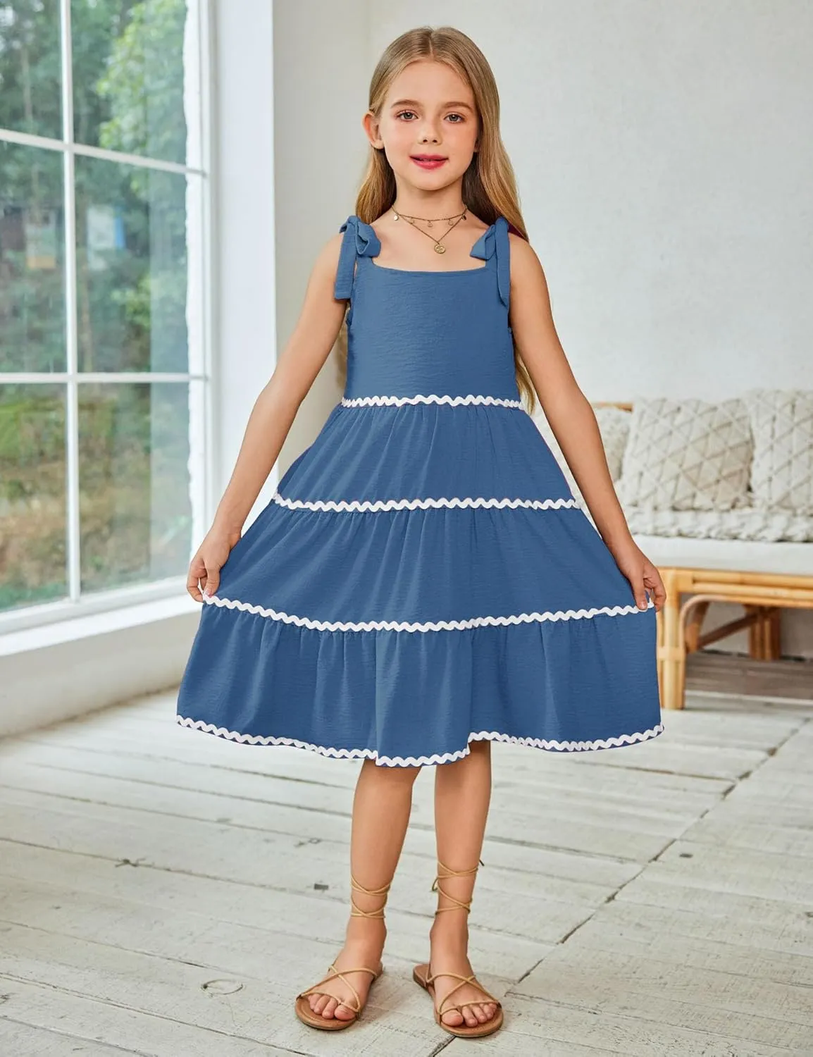 Arshiner Girl's Sundresses Summer Boho Tie Shoulder Cami Midi Tiered Dresses with Pockets