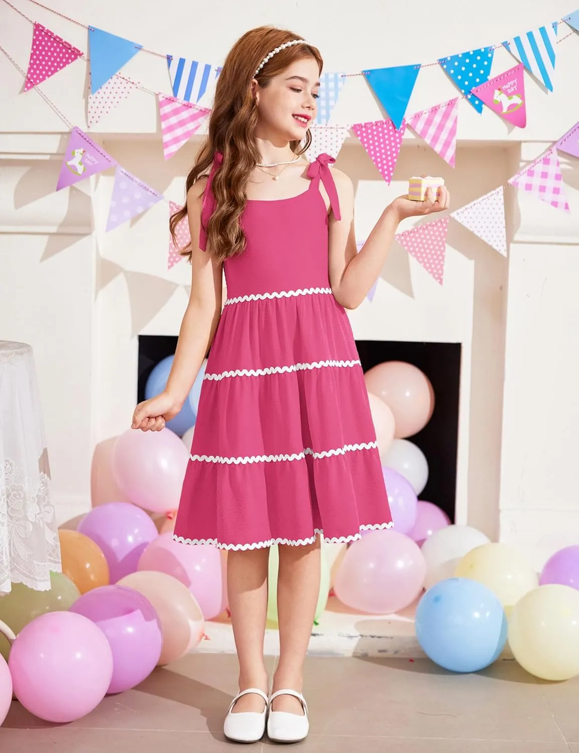 Arshiner Girl's Sundresses Summer Boho Tie Shoulder Cami Midi Tiered Dresses with Pockets