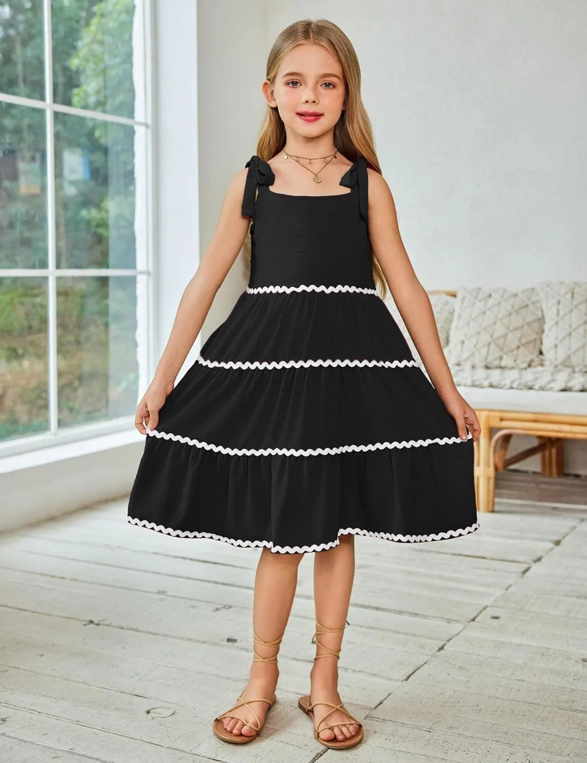 Arshiner Girl's Sundresses Summer Boho Tie Shoulder Cami Midi Tiered Dresses with Pockets