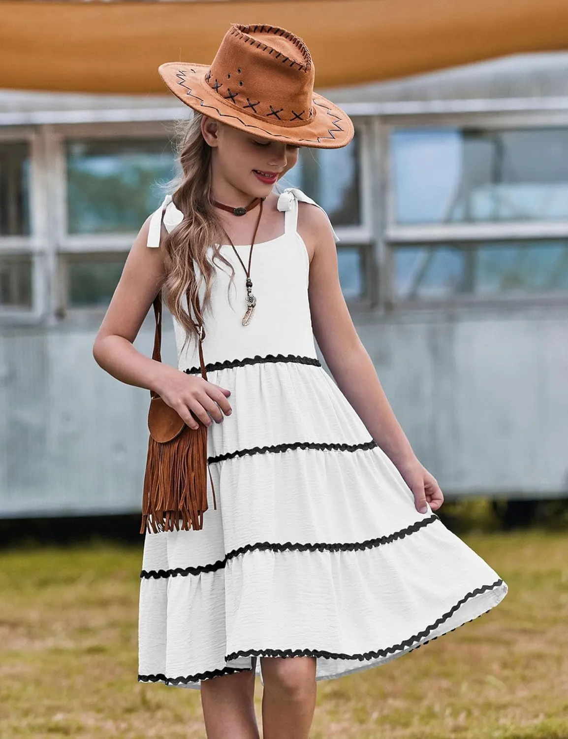 Arshiner Girl's Sundresses Summer Boho Tie Shoulder Cami Midi Tiered Dresses with Pockets