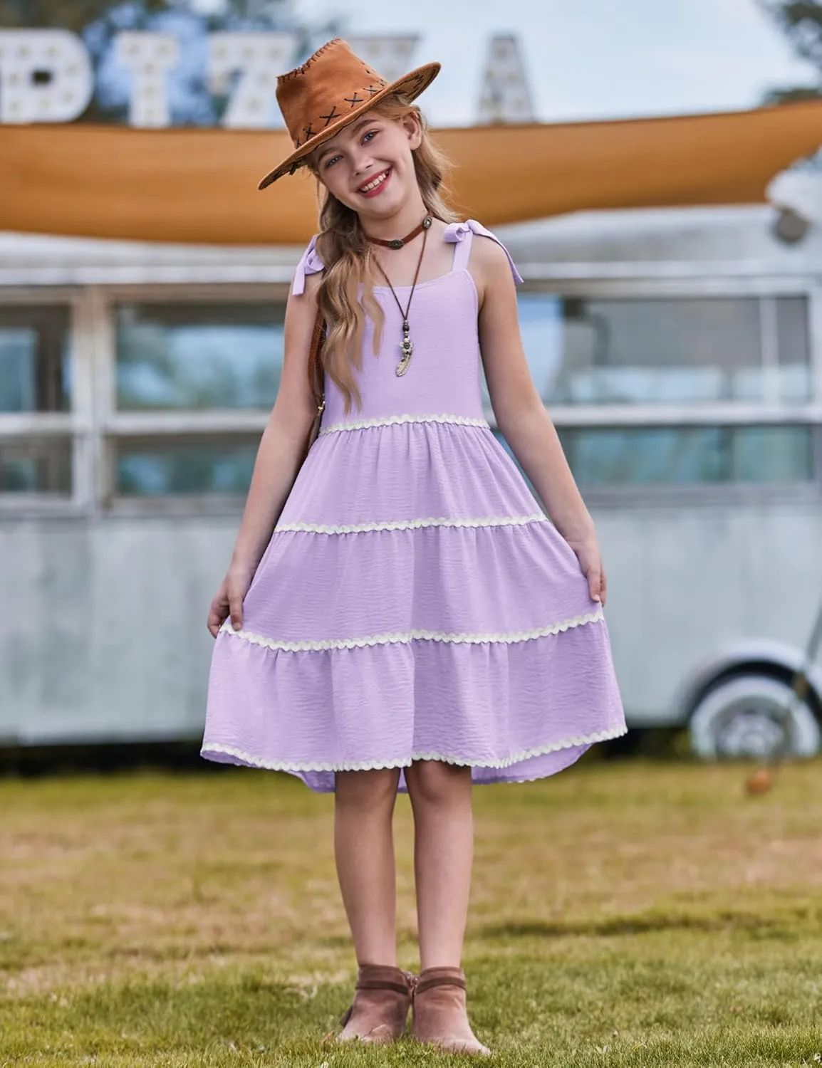Arshiner Girl's Sundresses Summer Boho Tie Shoulder Cami Midi Tiered Dresses with Pockets
