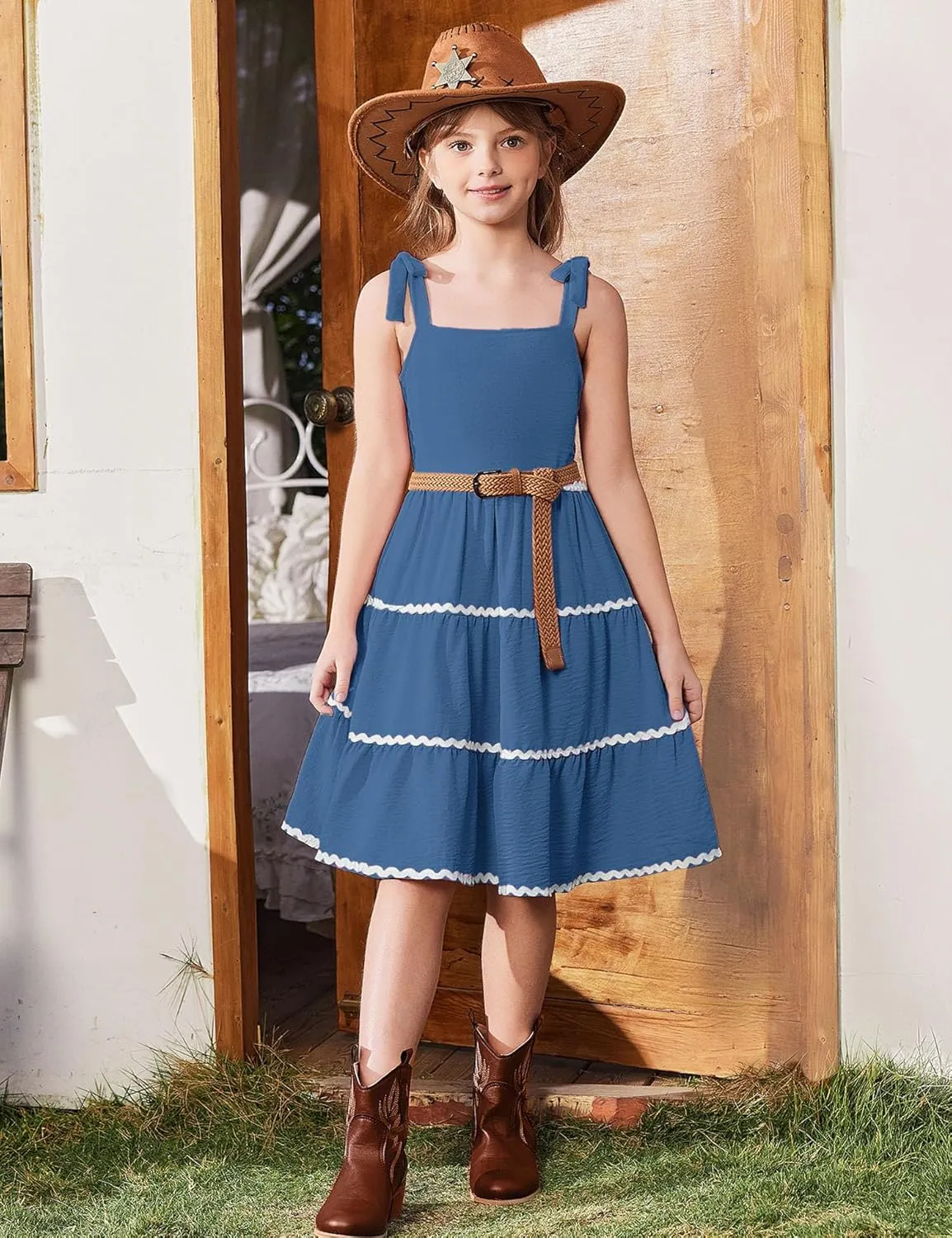 Arshiner Girl's Sundresses Summer Boho Tie Shoulder Cami Midi Tiered Dresses with Pockets