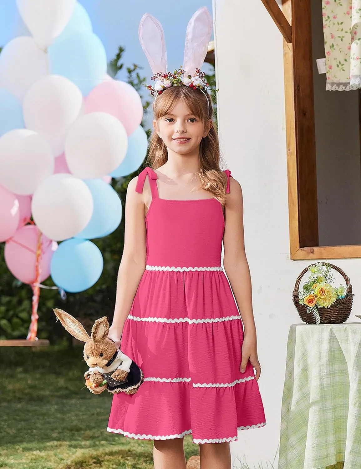 Arshiner Girl's Sundresses Summer Boho Tie Shoulder Cami Midi Tiered Dresses with Pockets
