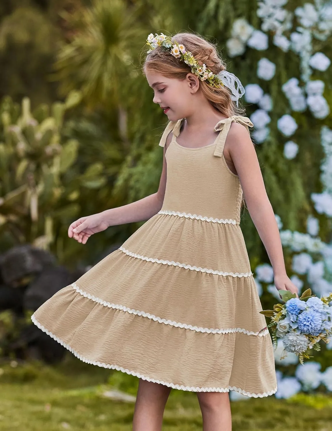 Arshiner Girl's Sundresses Summer Boho Tie Shoulder Cami Midi Tiered Dresses with Pockets