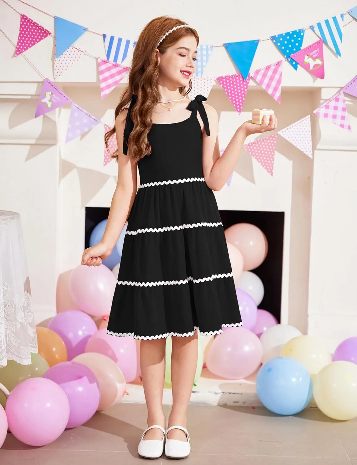 Arshiner Girl's Sundresses Summer Boho Tie Shoulder Cami Midi Tiered Dresses with Pockets