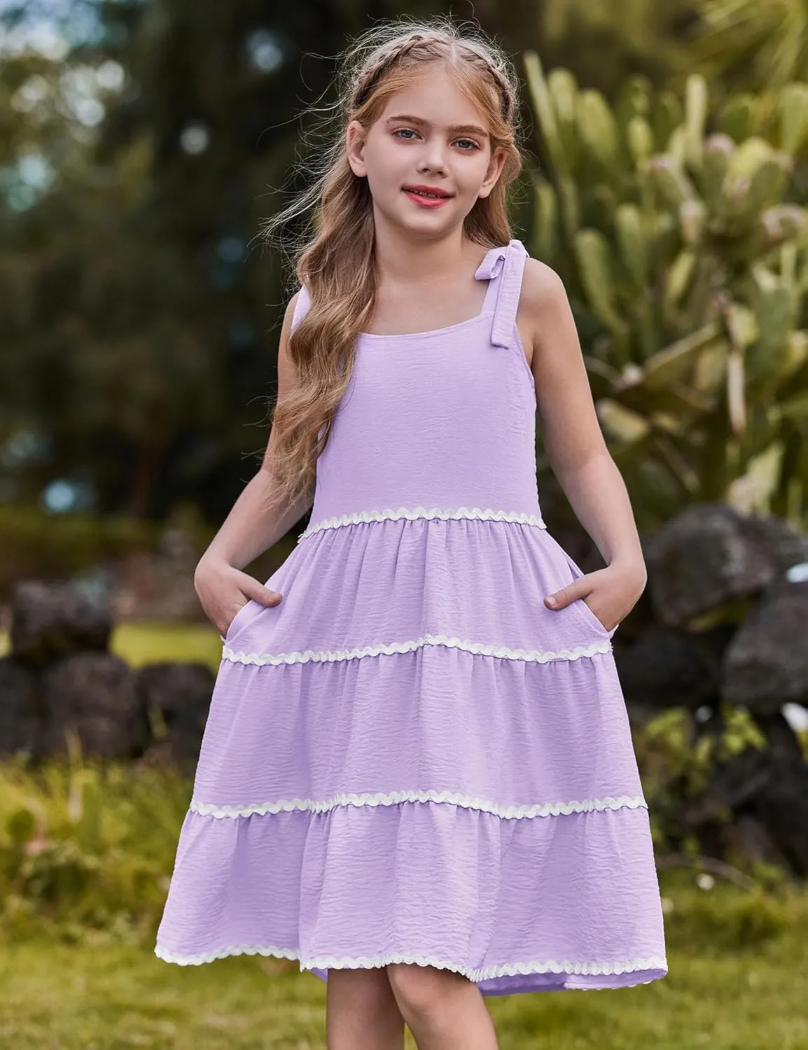 Arshiner Girl's Sundresses Summer Boho Tie Shoulder Cami Midi Tiered Dresses with Pockets
