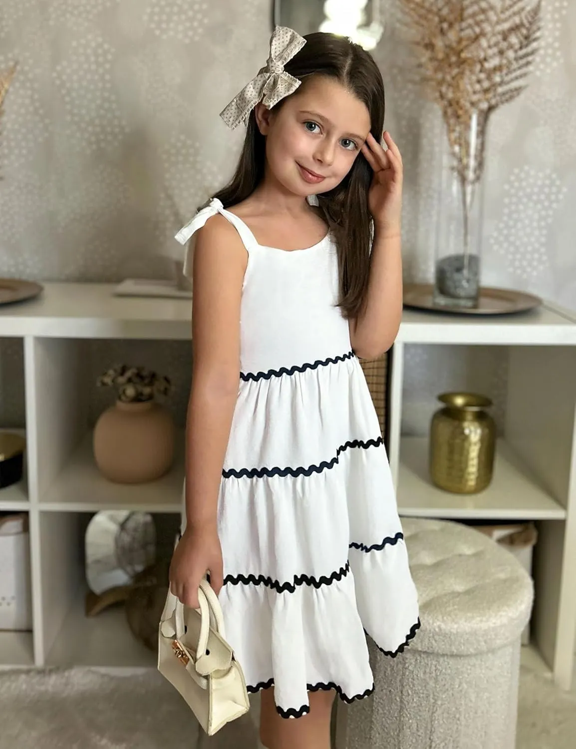 Arshiner Girl's Sundresses Summer Boho Tie Shoulder Cami Midi Tiered Dresses with Pockets