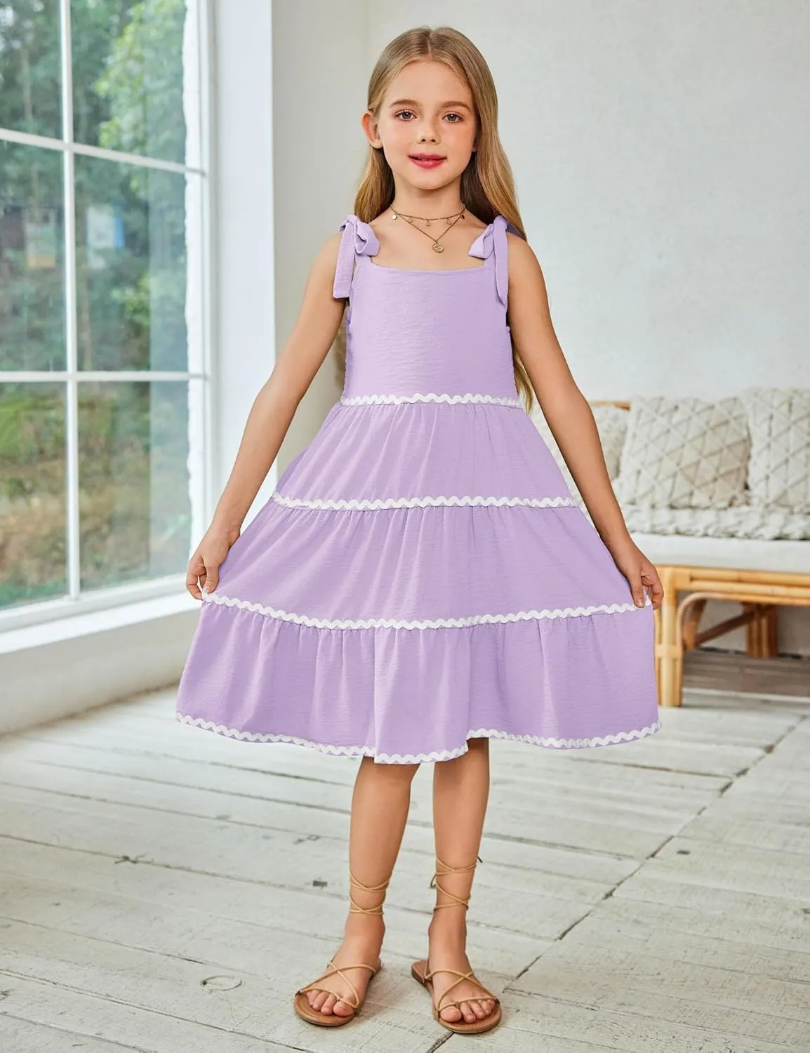 Arshiner Girl's Sundresses Summer Boho Tie Shoulder Cami Midi Tiered Dresses with Pockets