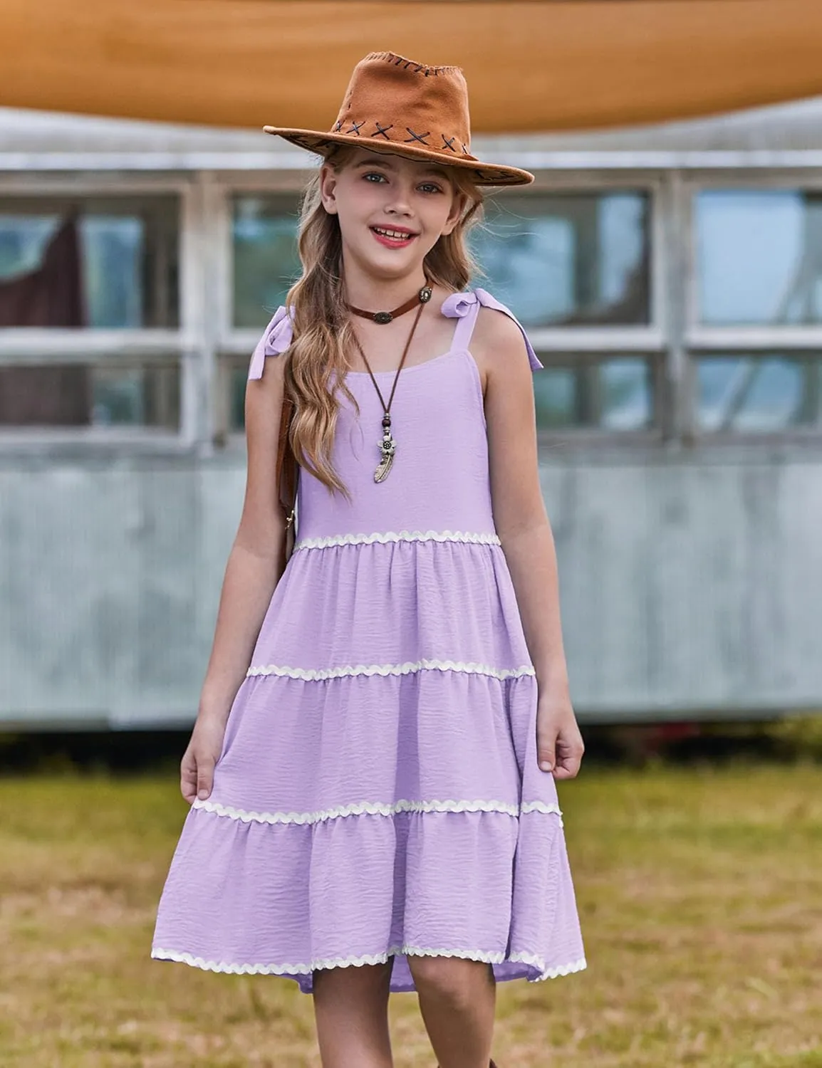 Arshiner Girl's Sundresses Summer Boho Tie Shoulder Cami Midi Tiered Dresses with Pockets