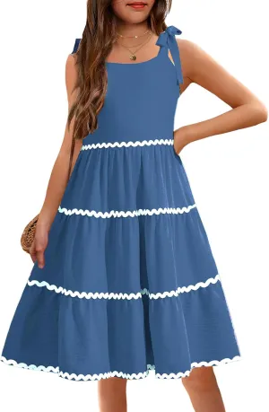 Arshiner Girl's Sundresses Summer Boho Tie Shoulder Cami Midi Tiered Dresses with Pockets