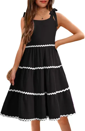 Arshiner Girl's Sundresses Summer Boho Tie Shoulder Cami Midi Tiered Dresses with Pockets
