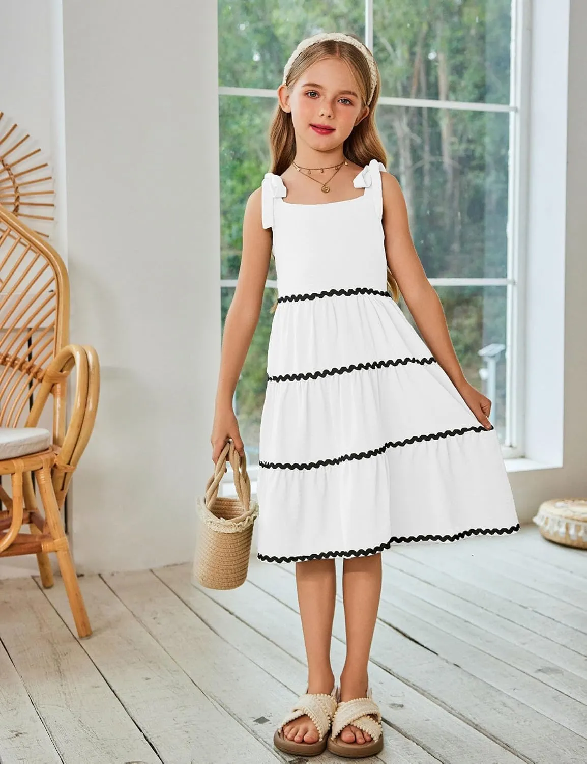 Arshiner Girl's Sundresses Summer Boho Tie Shoulder Cami Midi Tiered Dresses with Pockets