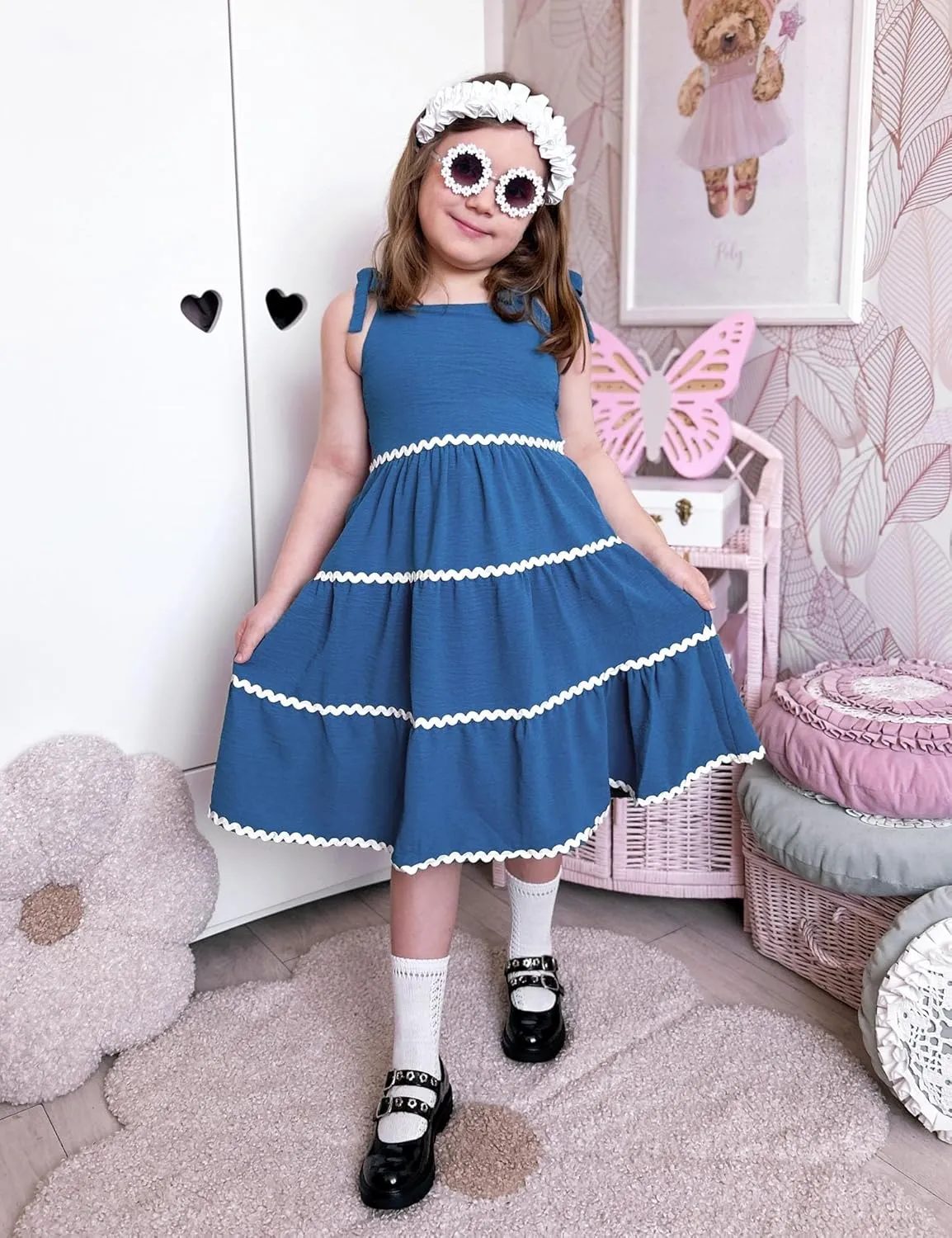 Arshiner Girl's Sundresses Summer Boho Tie Shoulder Cami Midi Tiered Dresses with Pockets