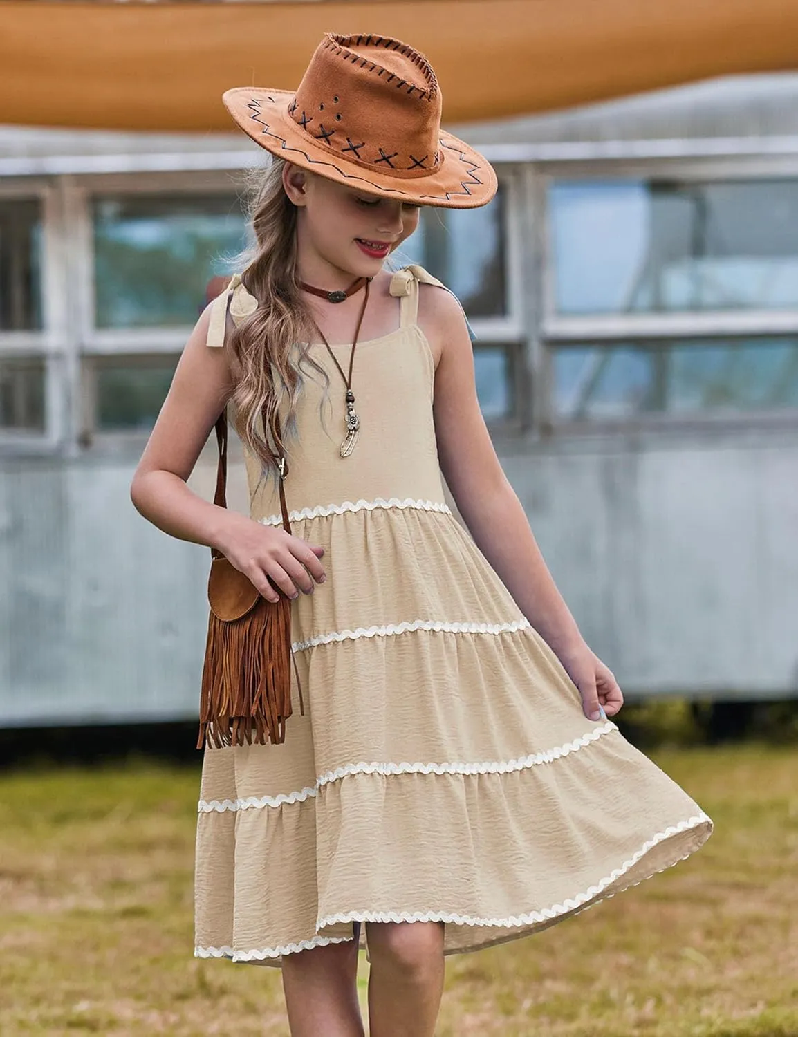 Arshiner Girl's Sundresses Summer Boho Tie Shoulder Cami Midi Tiered Dresses with Pockets