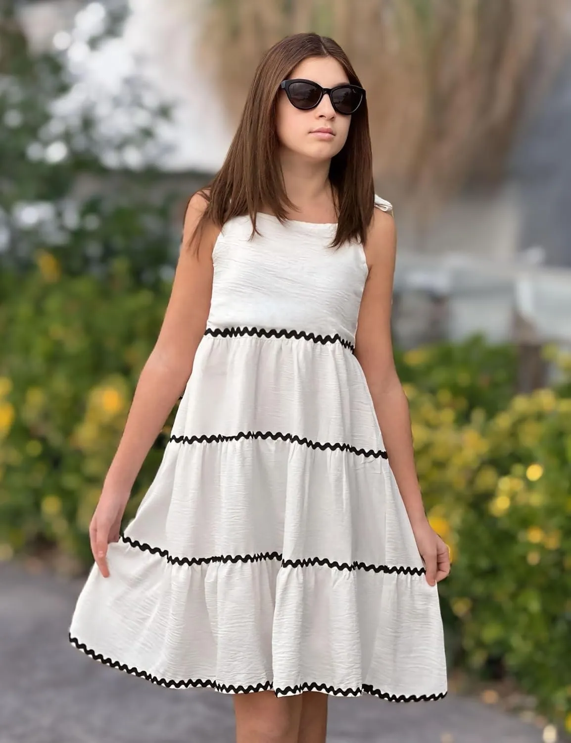 Arshiner Girl's Sundresses Summer Boho Tie Shoulder Cami Midi Tiered Dresses with Pockets