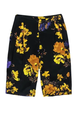 Atos Lombardini - Black, Yellow & Purple Floral Print Bermuda Shorts Sz 6