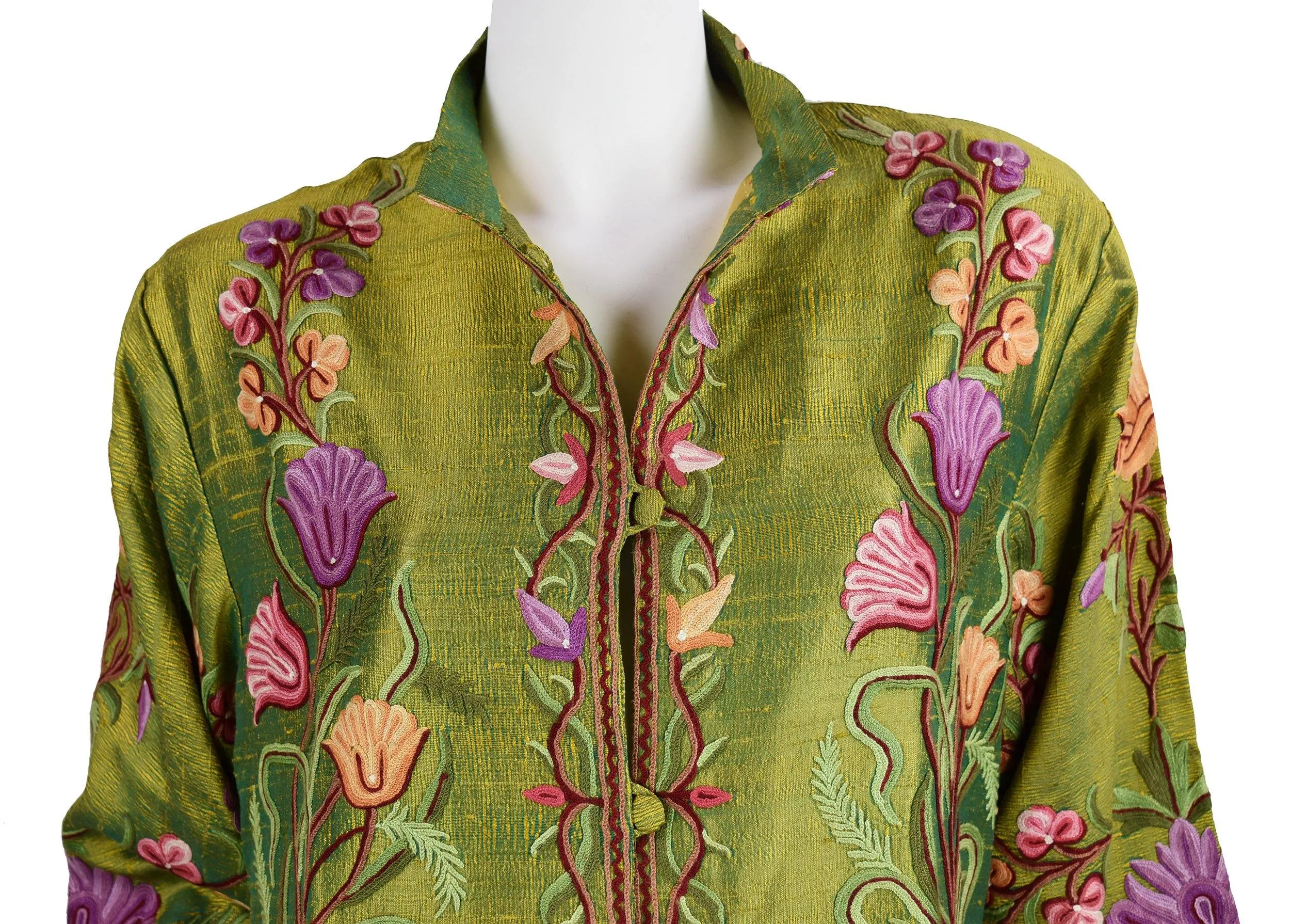 Aura Silk Jacket Dinner Floral Evening Dress Coat Hand Embroidered Kashmir