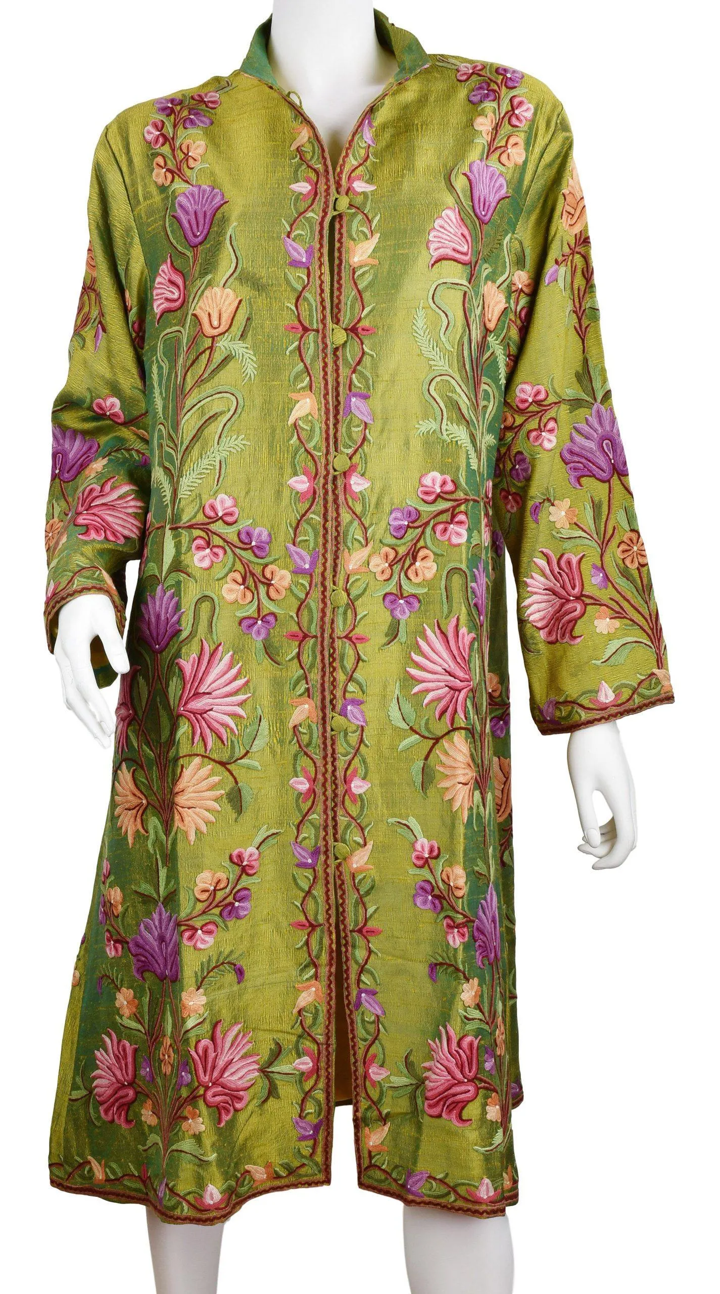 Aura Silk Jacket Dinner Floral Evening Dress Coat Hand Embroidered Kashmir