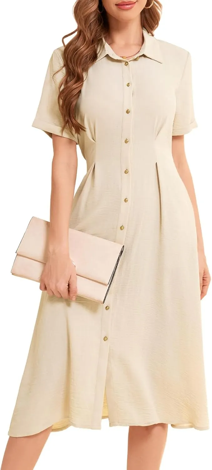 Bbonlinedress Women Summer Casual Work Button Down Shirt Dress Beach Wedding Guest Midi Short Sleeve Dresses with Pockets