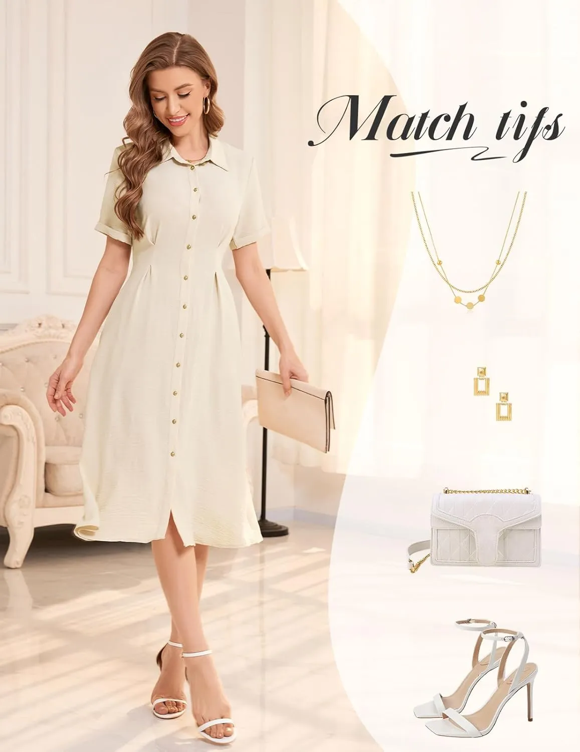 Bbonlinedress Women Summer Casual Work Button Down Shirt Dress Beach Wedding Guest Midi Short Sleeve Dresses with Pockets