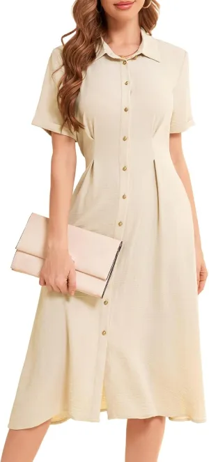 Bbonlinedress Women Summer Casual Work Button Down Shirt Dress Beach Wedding Guest Midi Short Sleeve Dresses with Pockets