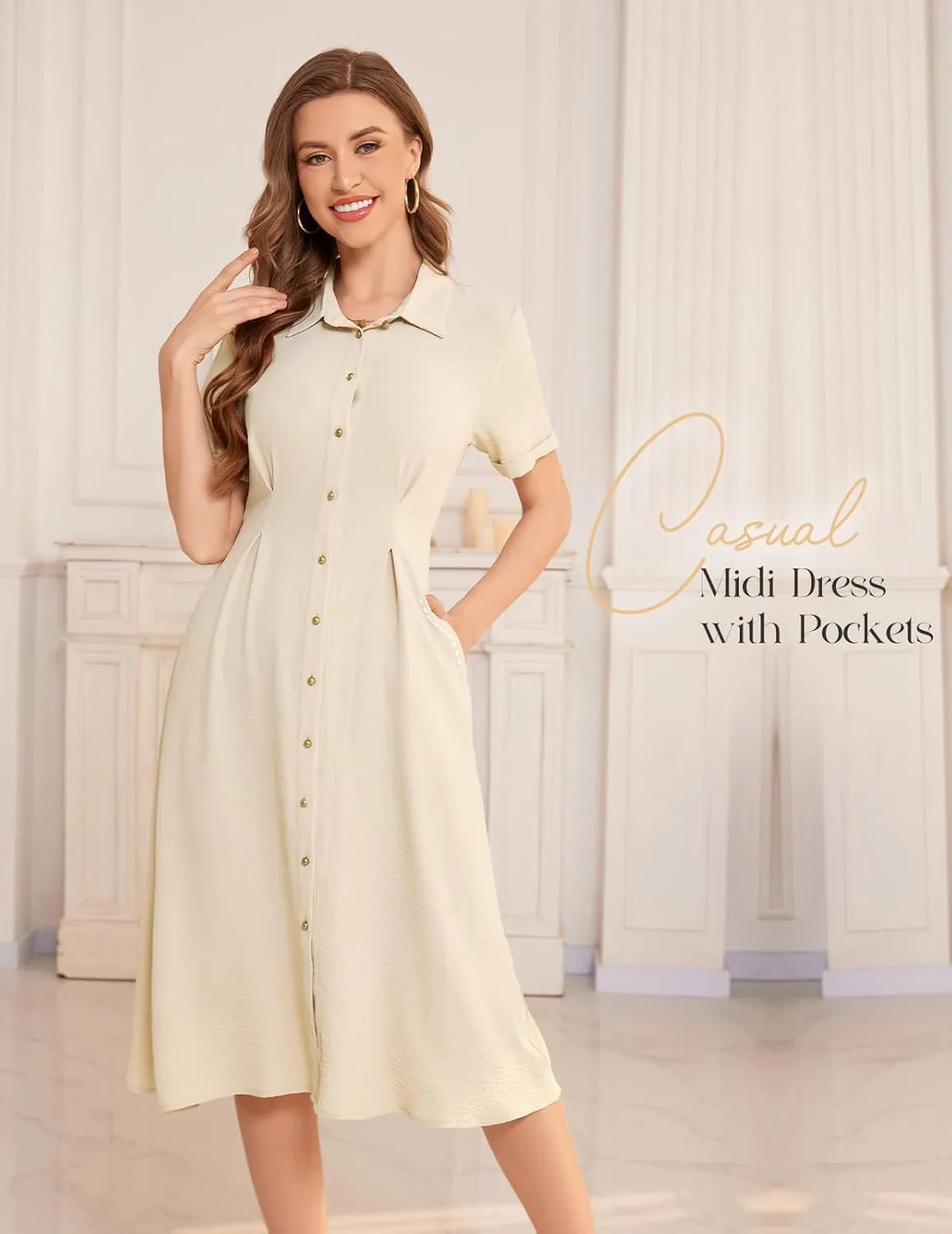 Bbonlinedress Women Summer Casual Work Button Down Shirt Dress Beach Wedding Guest Midi Short Sleeve Dresses with Pockets