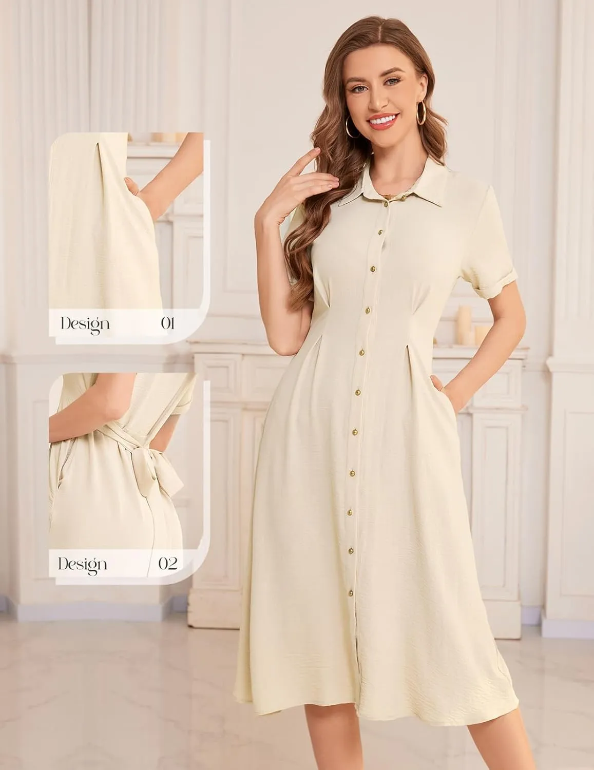 Bbonlinedress Women Summer Casual Work Button Down Shirt Dress Beach Wedding Guest Midi Short Sleeve Dresses with Pockets