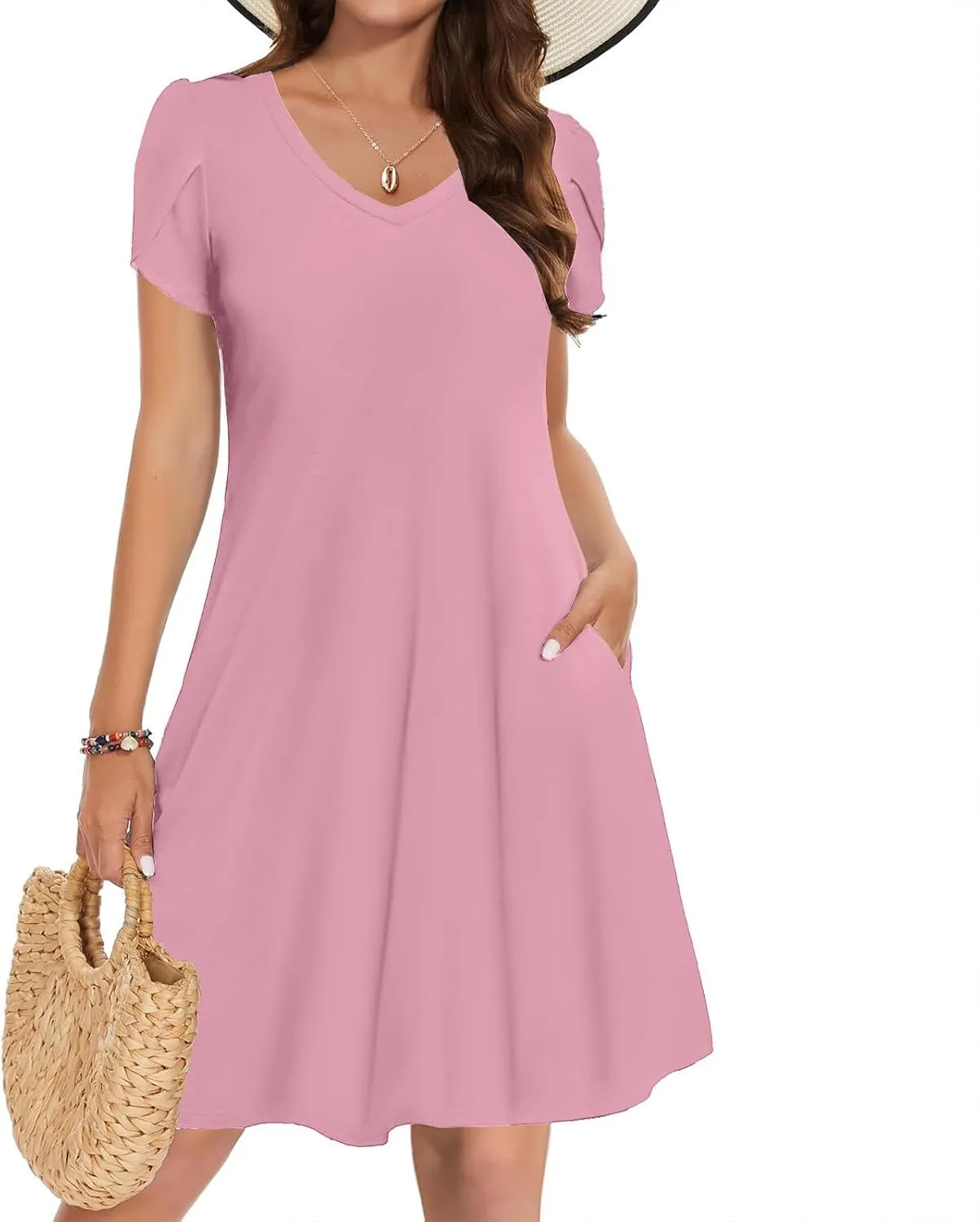 Beach Dresses for Women 2025 Summer Solid Basic Mini Dress Casual V Neck Short Sleeve Dresses with Pockets