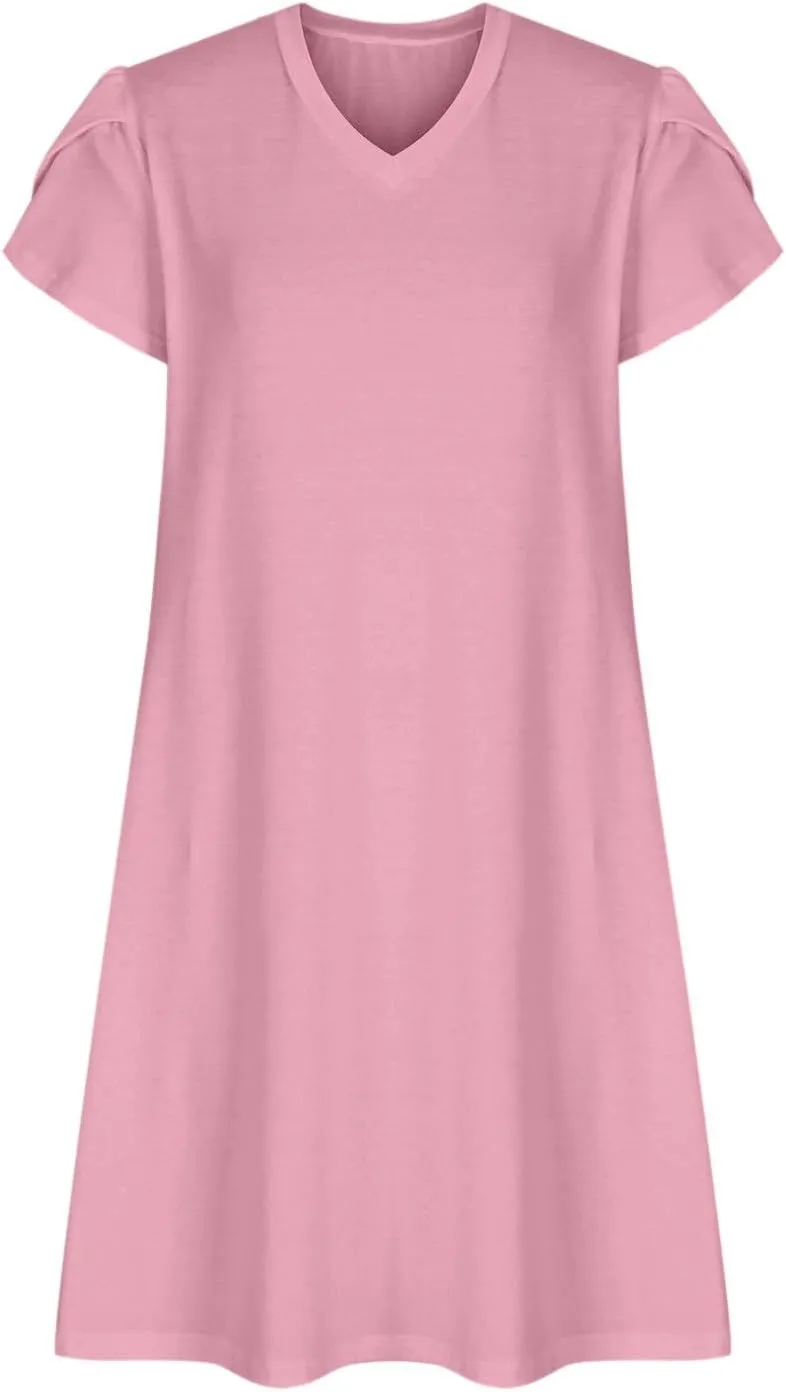 Beach Dresses for Women 2025 Summer Solid Basic Mini Dress Casual V Neck Short Sleeve Dresses with Pockets