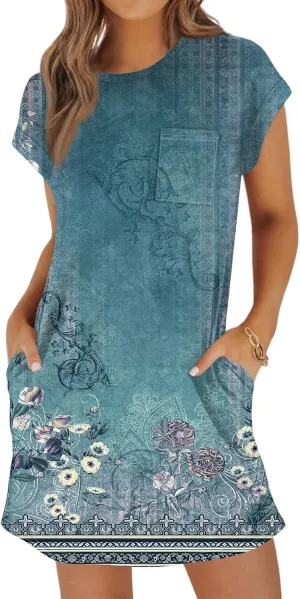 Beach Dresses for Women 2025 Vacation Summer Petite Dress Short Sleeve Casual Flowy Sundress