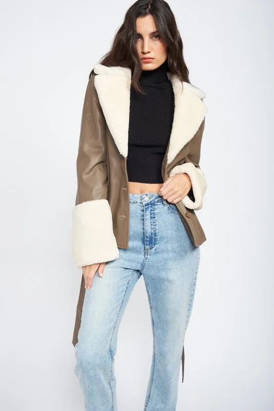 Belted Jacket w/Faux Shearing Trim