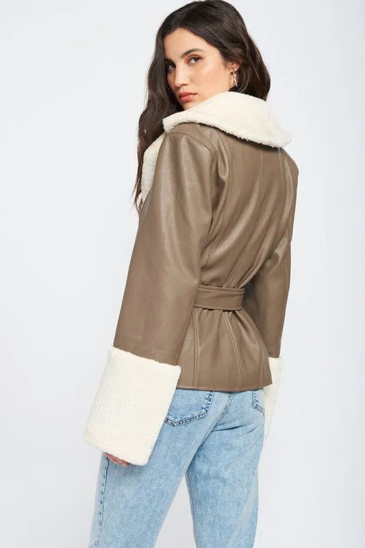 Belted Jacket w/Faux Shearing Trim