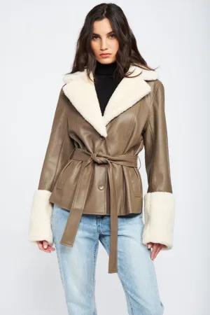 Belted Jacket w/Faux Shearing Trim
