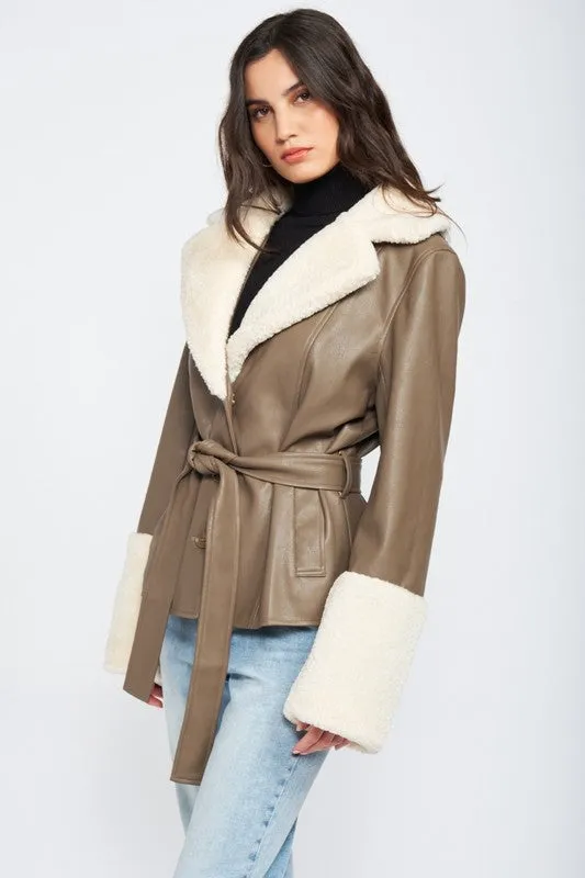 Belted Jacket w/Faux Shearing Trim