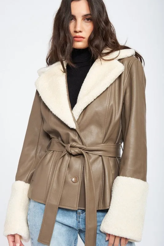 Belted Jacket w/Faux Shearing Trim