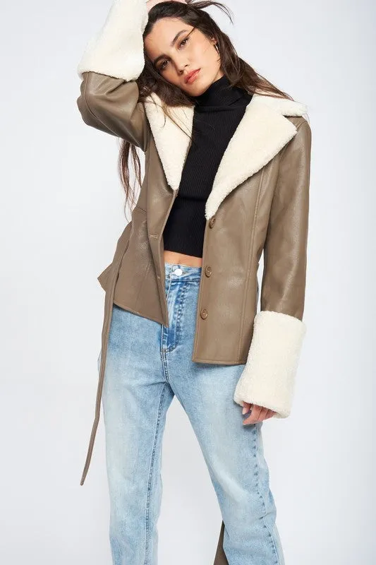 Belted Jacket w/Faux Shearing Trim