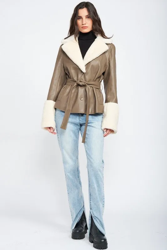 Belted Jacket w/Faux Shearing Trim