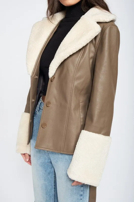 Belted Jacket w/Faux Shearing Trim