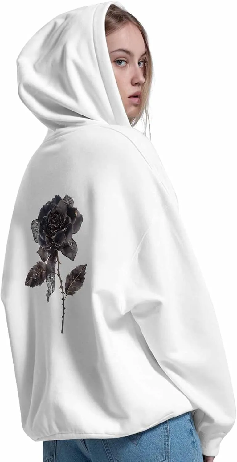 BEMIGO Hooded Sweatshirt Women Black Rose Cozy Black/White Sweatshirt with Oversized Front Pocket Bow Printed Trendy Tops