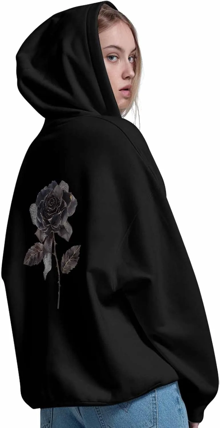 BEMIGO Hooded Sweatshirt Women Black Rose Cozy Black/White Sweatshirt with Oversized Front Pocket Bow Printed Trendy Tops