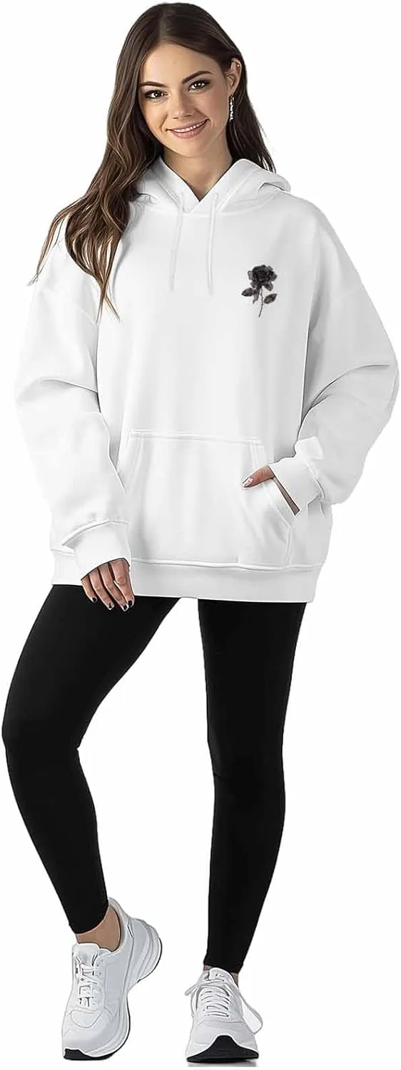 BEMIGO Hooded Sweatshirt Women Black Rose Cozy Black/White Sweatshirt with Oversized Front Pocket Bow Printed Trendy Tops