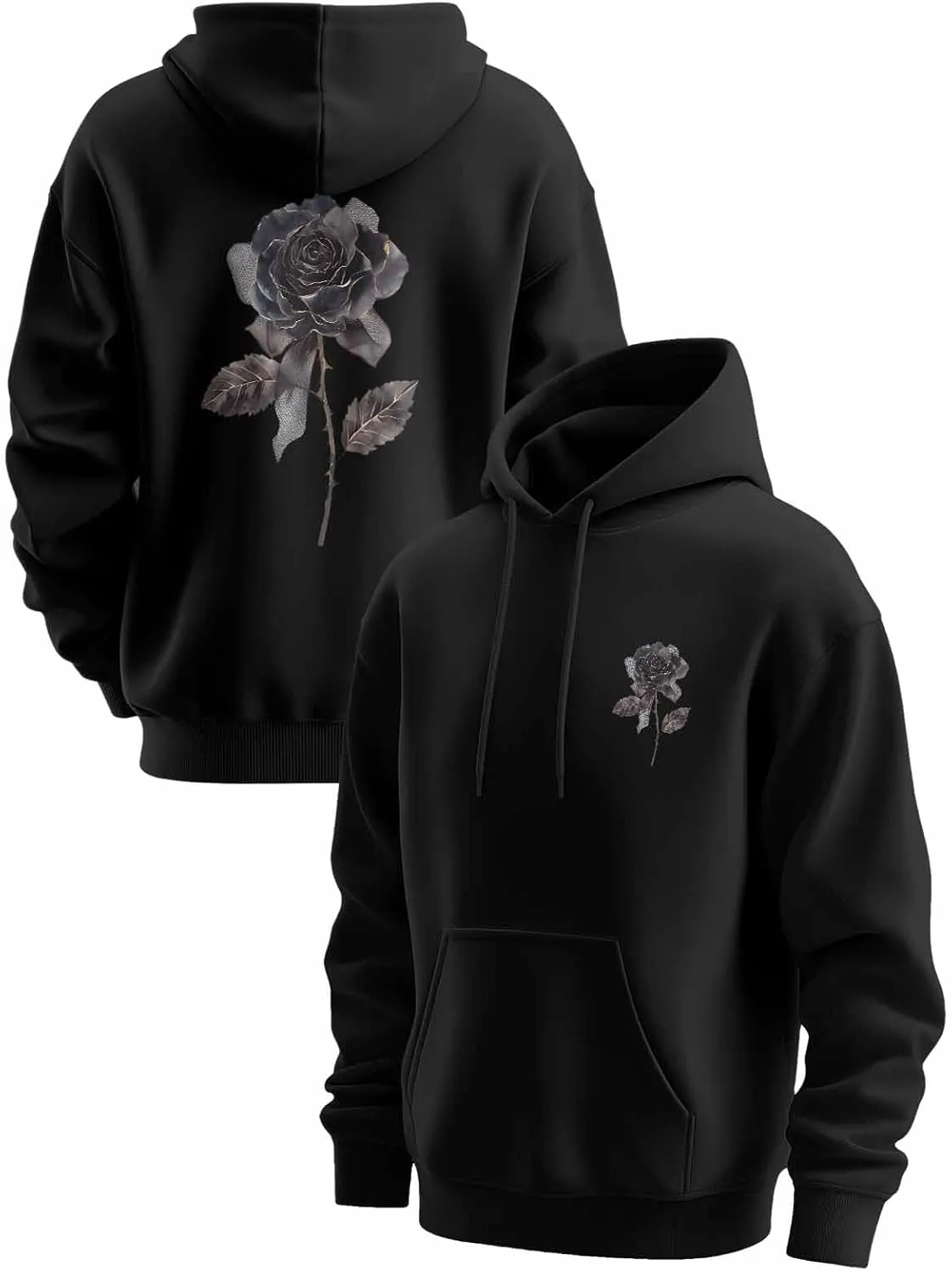 BEMIGO Hooded Sweatshirt Women Black Rose Cozy Black/White Sweatshirt with Oversized Front Pocket Bow Printed Trendy Tops