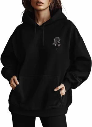BEMIGO Hooded Sweatshirt Women Black Rose Cozy Black/White Sweatshirt with Oversized Front Pocket Bow Printed Trendy Tops