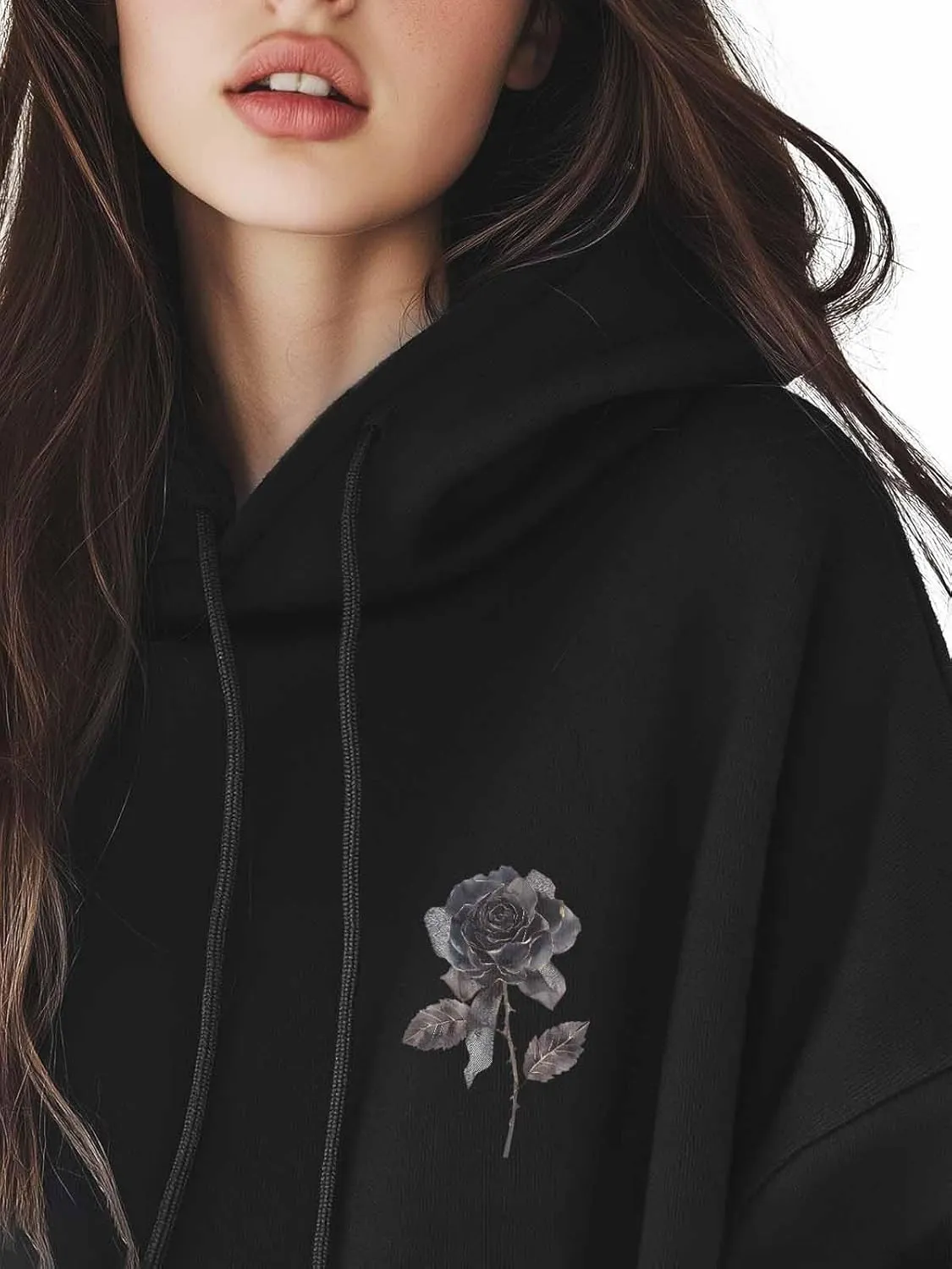 BEMIGO Hooded Sweatshirt Women Black Rose Cozy Black/White Sweatshirt with Oversized Front Pocket Bow Printed Trendy Tops