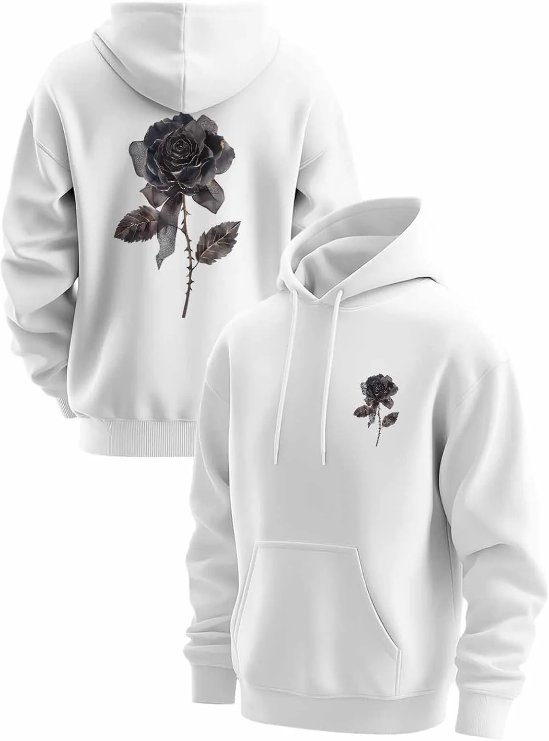 BEMIGO Hooded Sweatshirt Women Black Rose Cozy Black/White Sweatshirt with Oversized Front Pocket Bow Printed Trendy Tops