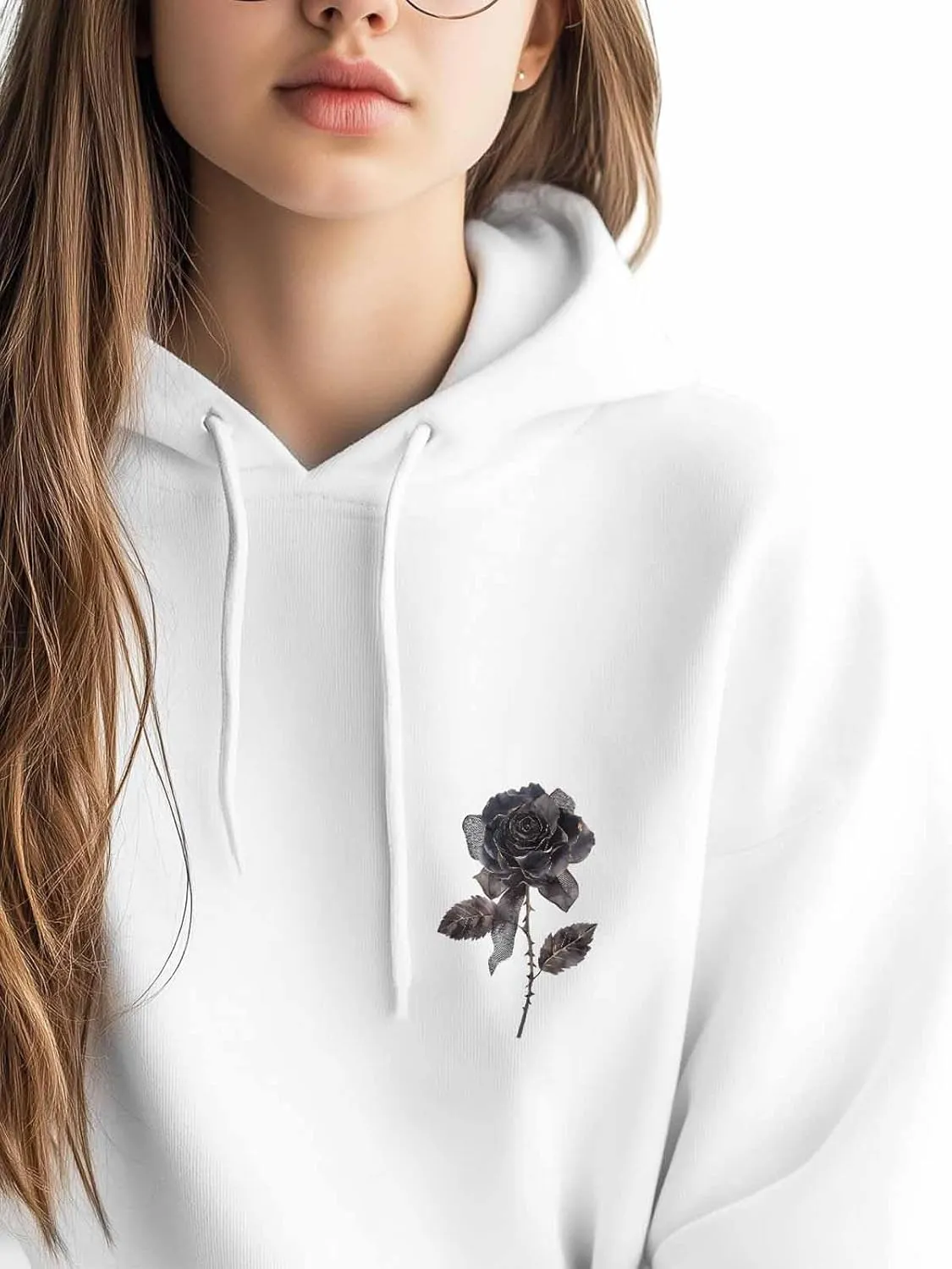 BEMIGO Hooded Sweatshirt Women Black Rose Cozy Black/White Sweatshirt with Oversized Front Pocket Bow Printed Trendy Tops