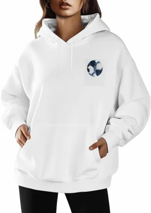 BEMIGO Hooded Sweatshirt Women Blue Cozy Black/White Sweatshirt with Oversized Front Pocket Watercolor Printed Trendy Tops