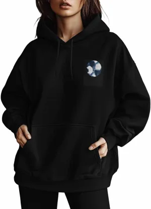 BEMIGO Hooded Sweatshirt Women Blue Cozy Black/White Sweatshirt with Oversized Front Pocket Watercolor Printed Trendy Tops
