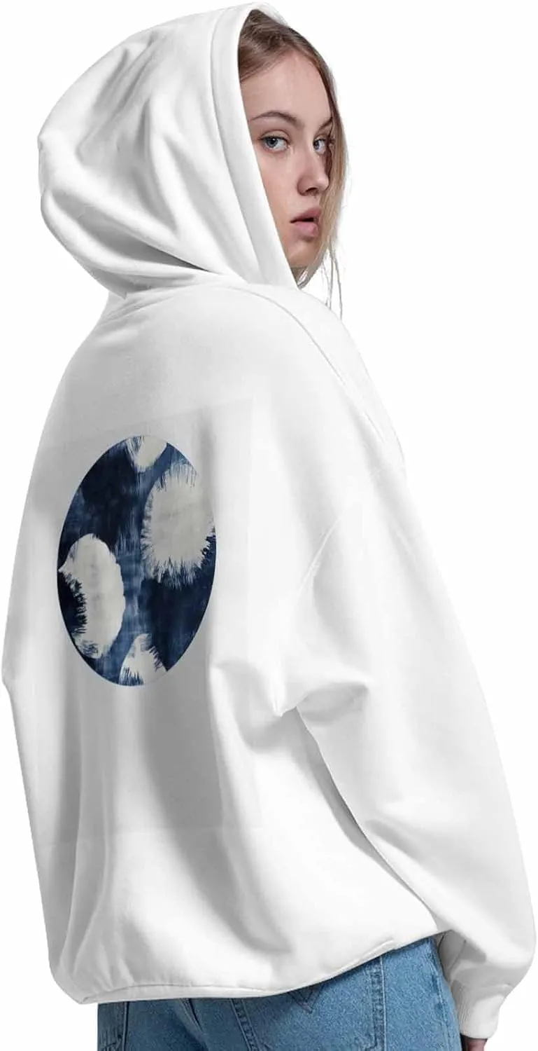 BEMIGO Hooded Sweatshirt Women Blue Cozy Black/White Sweatshirt with Oversized Front Pocket Watercolor Printed Trendy Tops